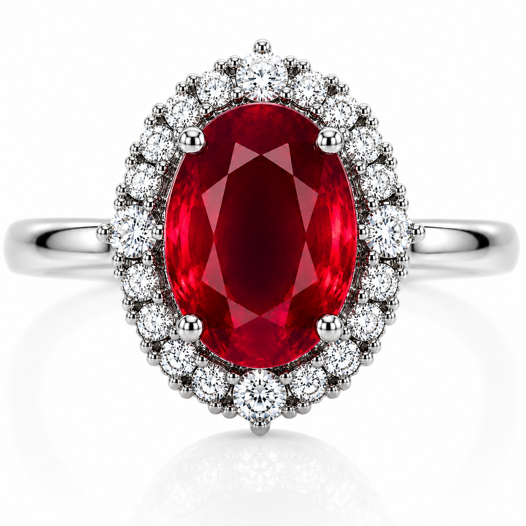 Natural 3 carat 8x10mm oval ruby halo ring with cubic zirconia accents in 925 sterling silver