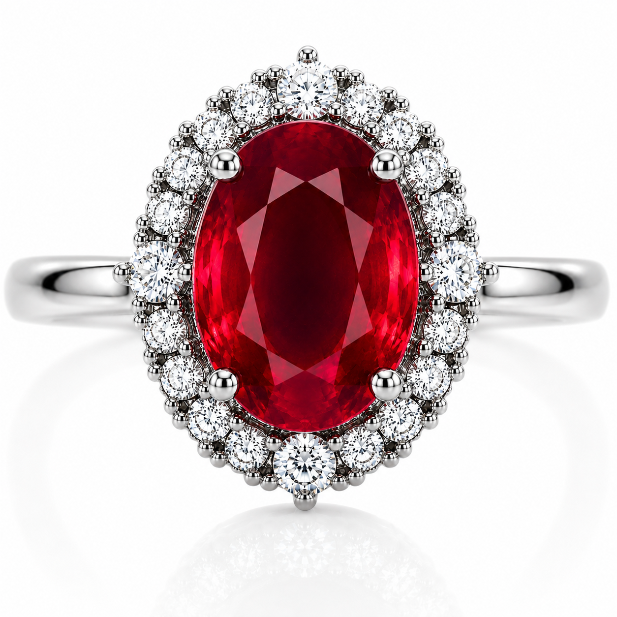 Natural 3 carat 8x10mm oval ruby halo ring with cubic zirconia accents in 925 sterling silver