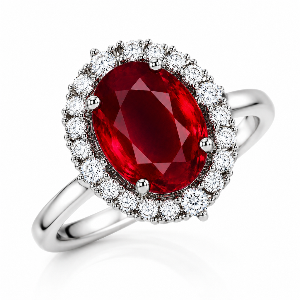 3 CT natural ruby ring 8x10mm oval gemstone with sparkling CZ halo angled view
