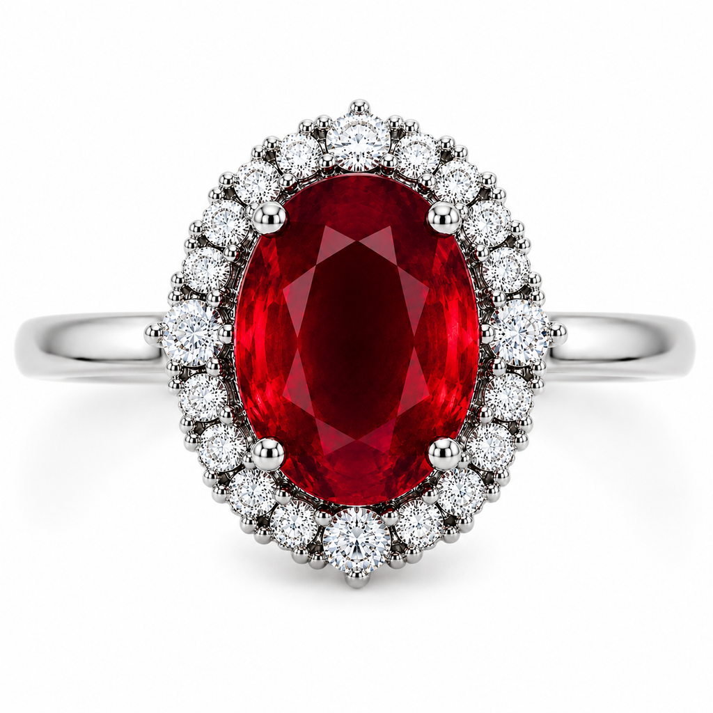 Natural oval ruby halo ring with 3 carat 8x10mm center gemstone top view