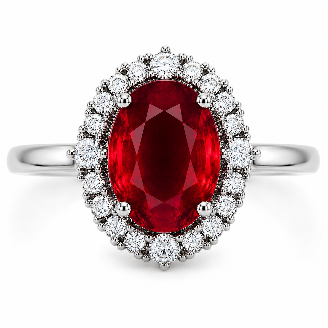 Natural oval ruby halo ring with 3 carat 8x10mm center gemstone top view