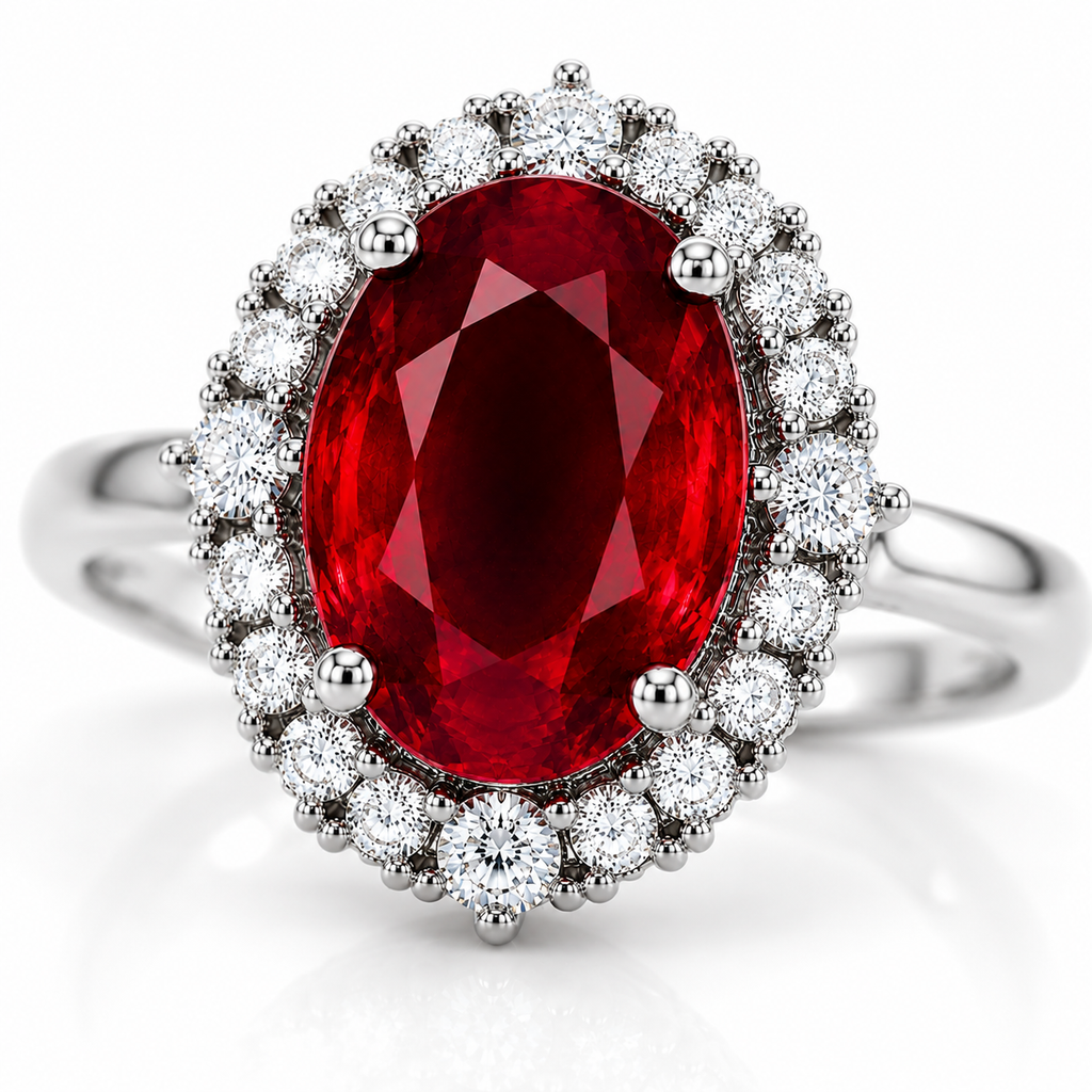 Macro close-up of 3 carat natural ruby and cubic zirconia halo ring