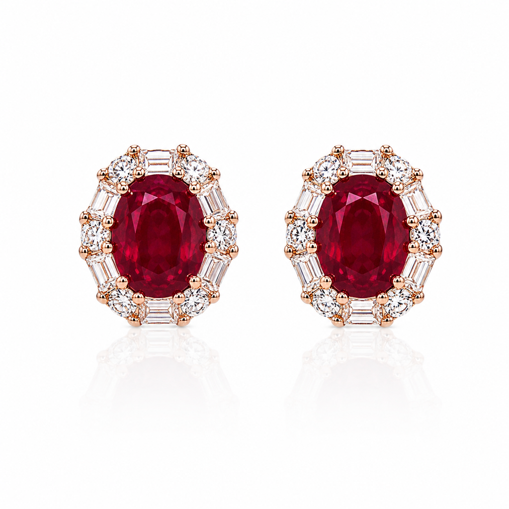 Top view of natural oval ruby earrings with sparkling halo accent stones