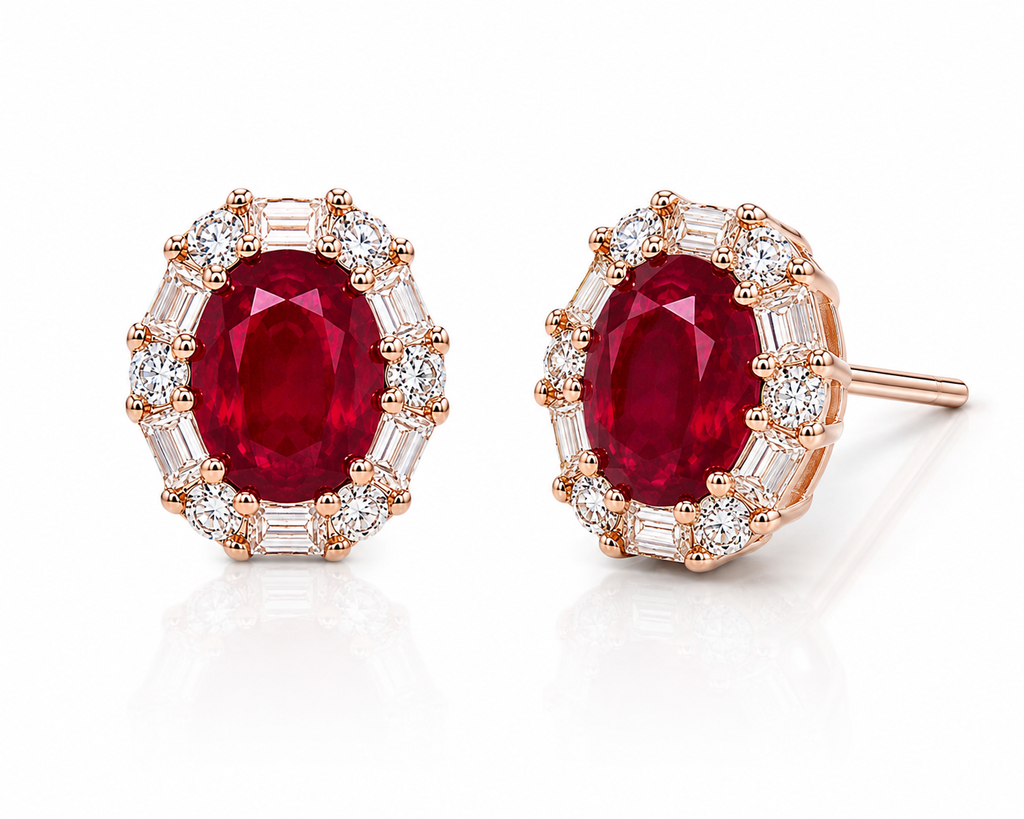 Natural ruby 4x5mm oval gemstone stud earrings shown at a three-quarter angle