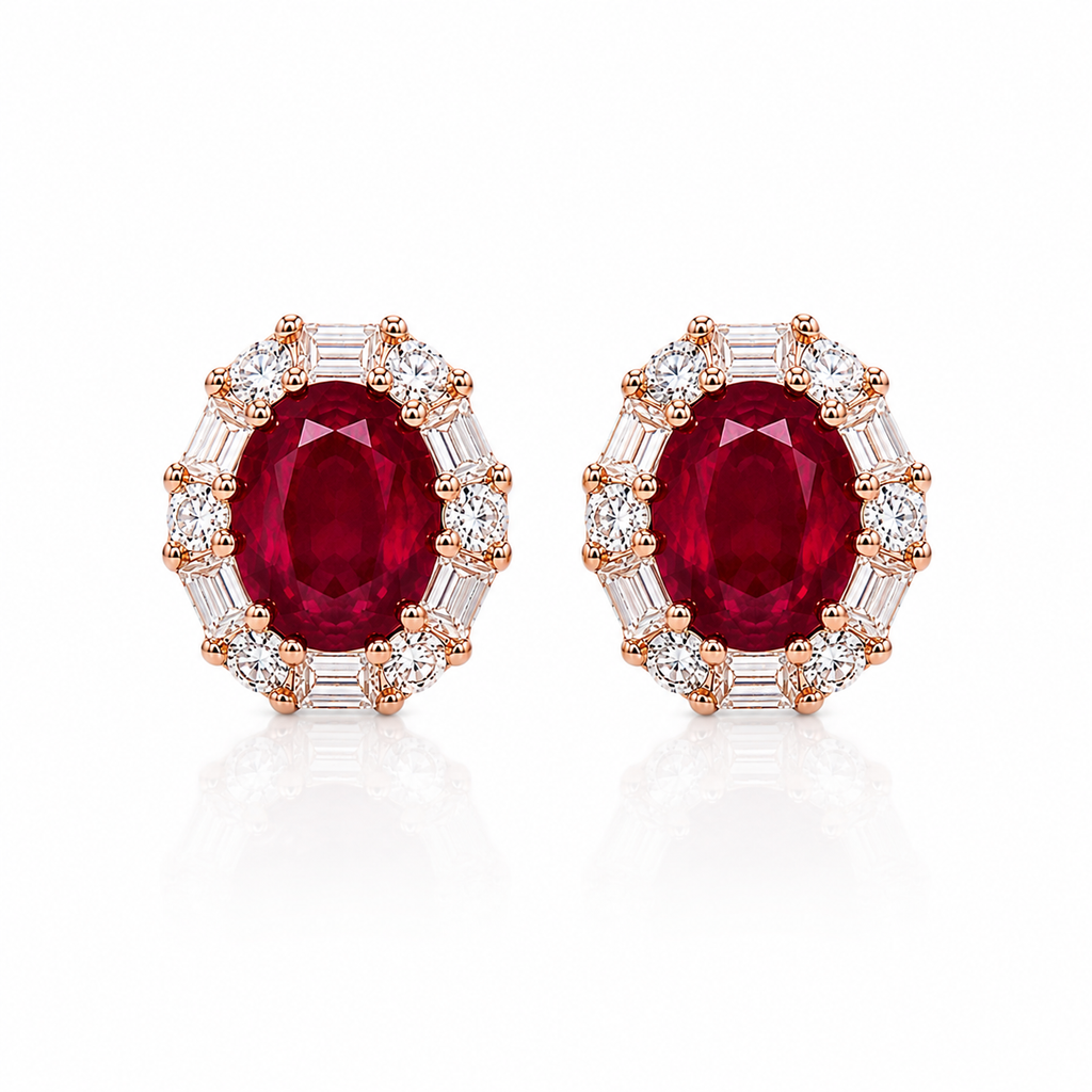 Natural 4x5mm oval ruby halo stud earrings with round and baguette CZ accents