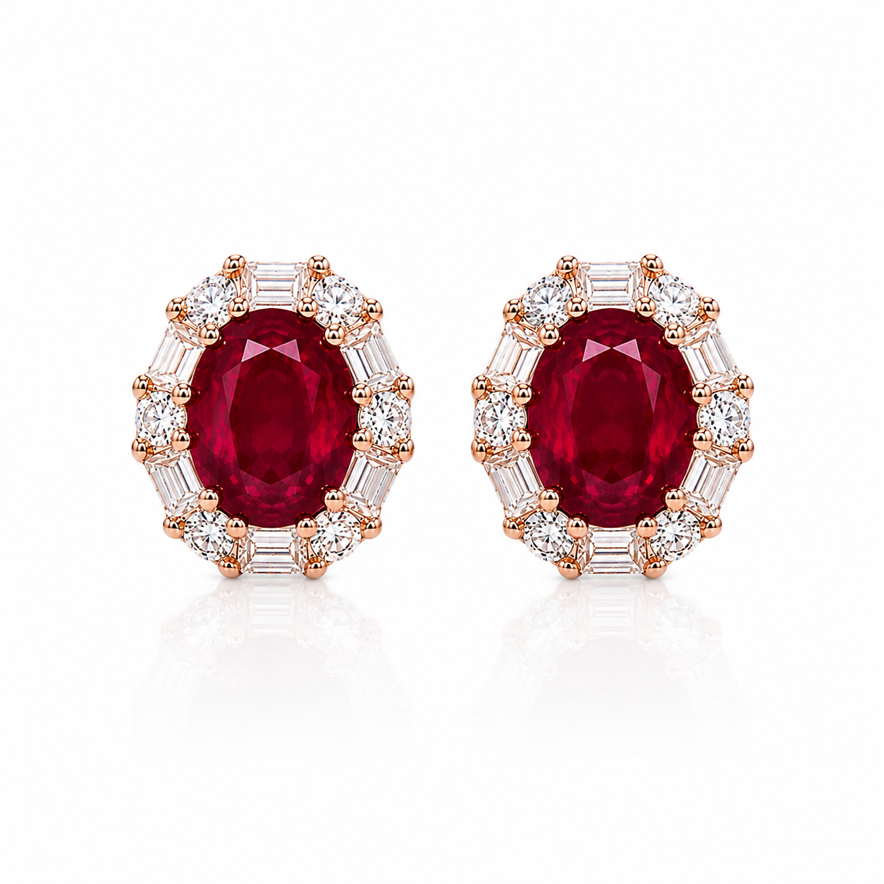 Natural 4x5mm oval ruby halo stud earrings with round and baguette CZ accents