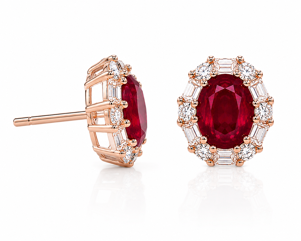 Side profile of 4x5mm natural ruby halo stud earrings in sterling silver