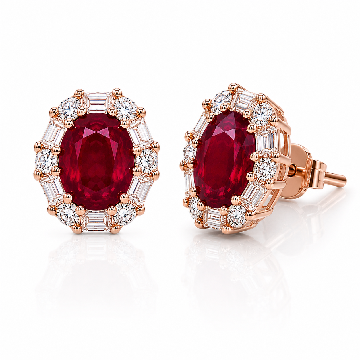 Macro close-up of natural ruby earrings showing deep red gemstones and detailed CZ halo