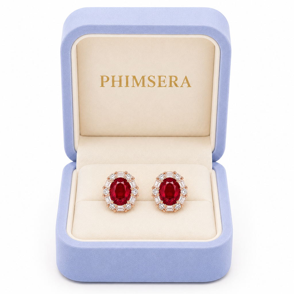 Natural 4x5mm ruby earrings presented in a Phimsera jewelry gift box