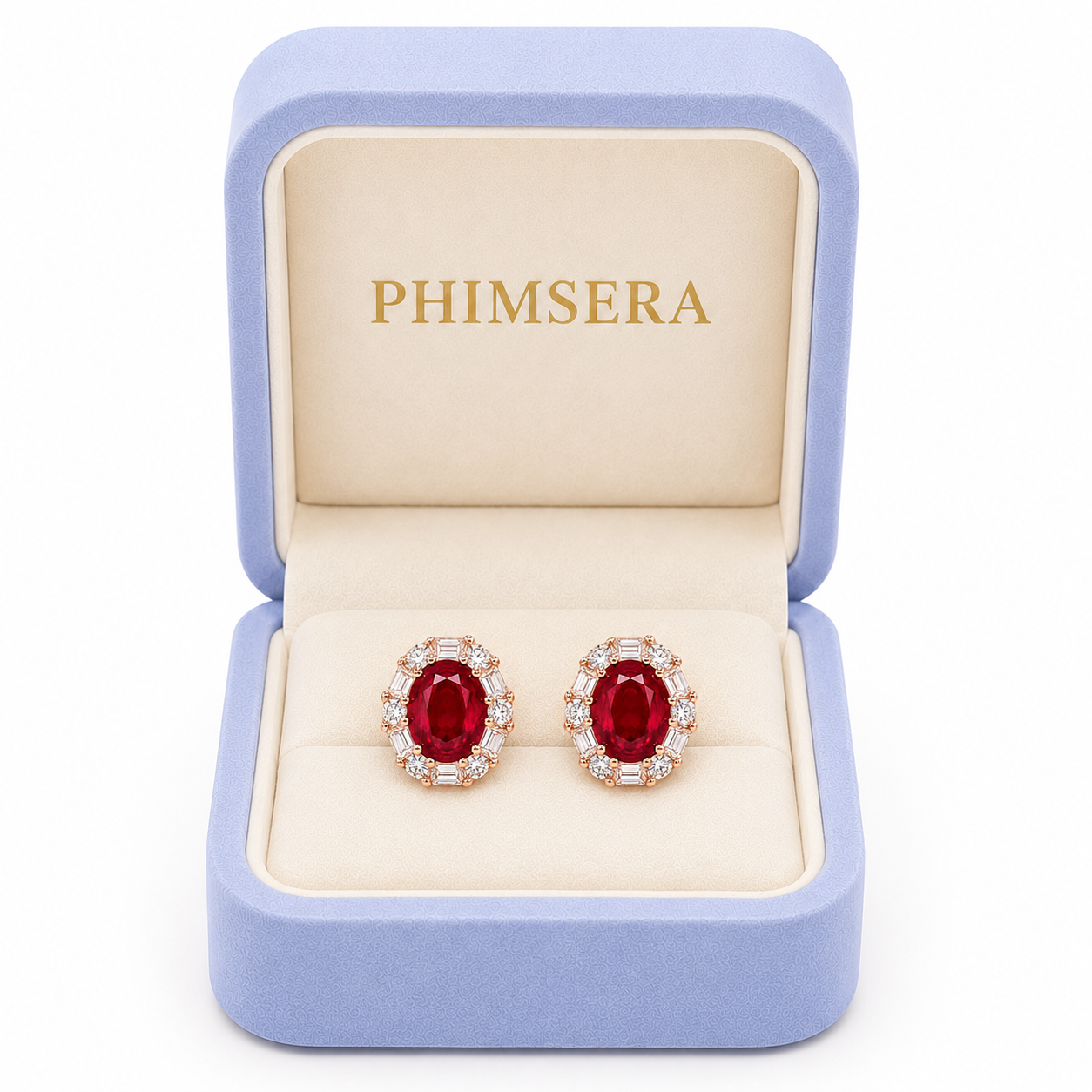 Natural 4x5mm ruby earrings presented in a Phimsera jewelry gift box