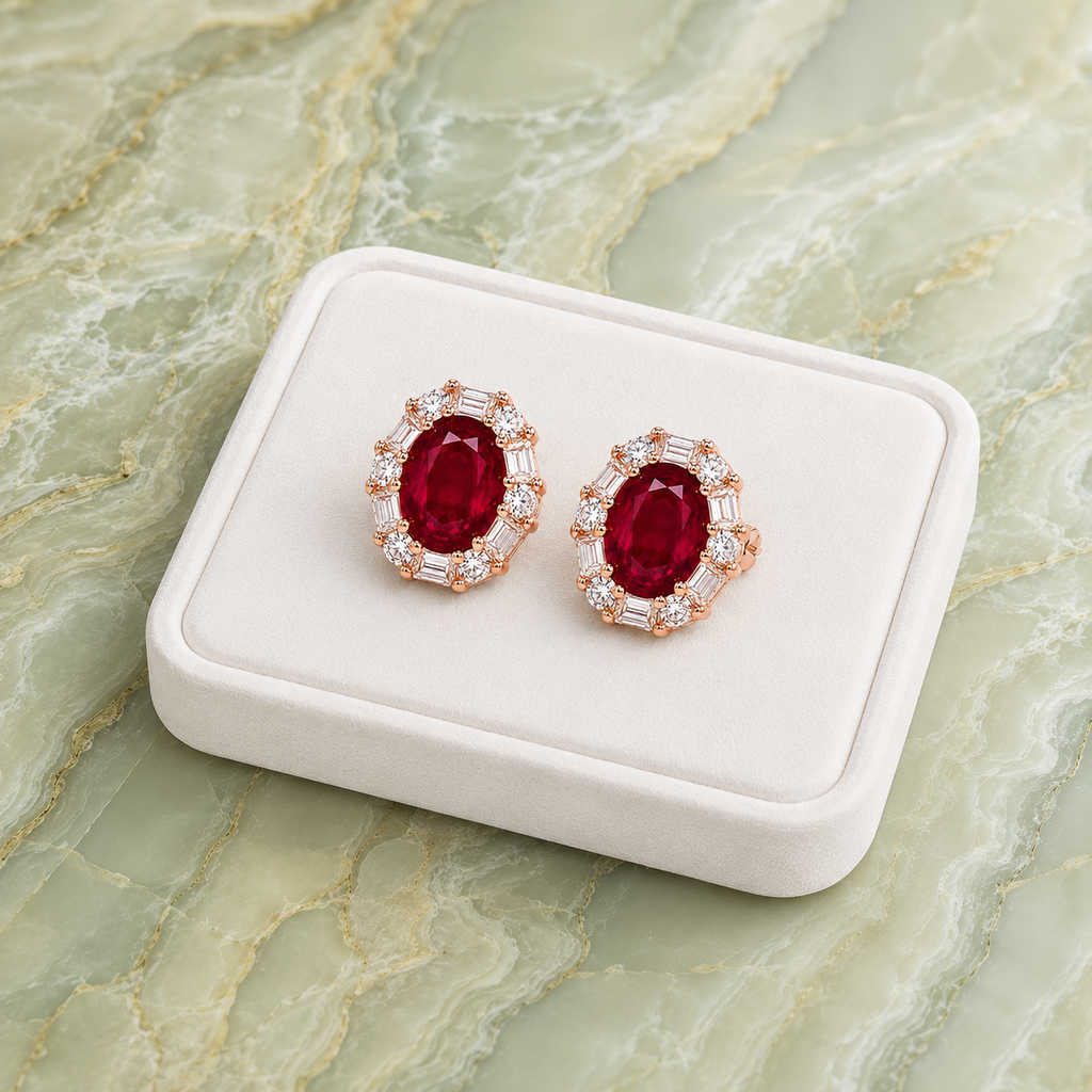 Natural oval ruby earrings displayed on a white jewelry tray over green marble