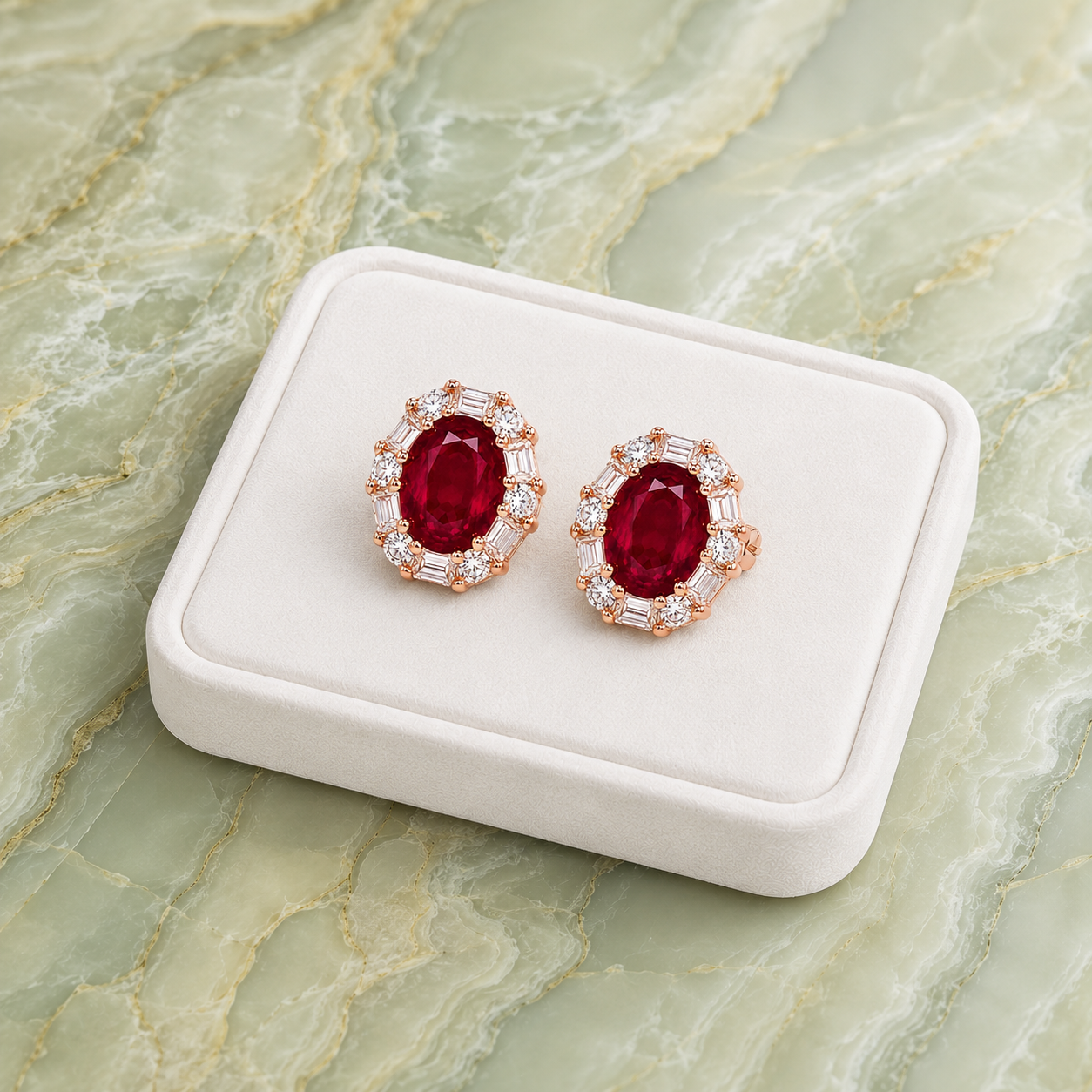Natural oval ruby earrings displayed on a white jewelry tray over green marble