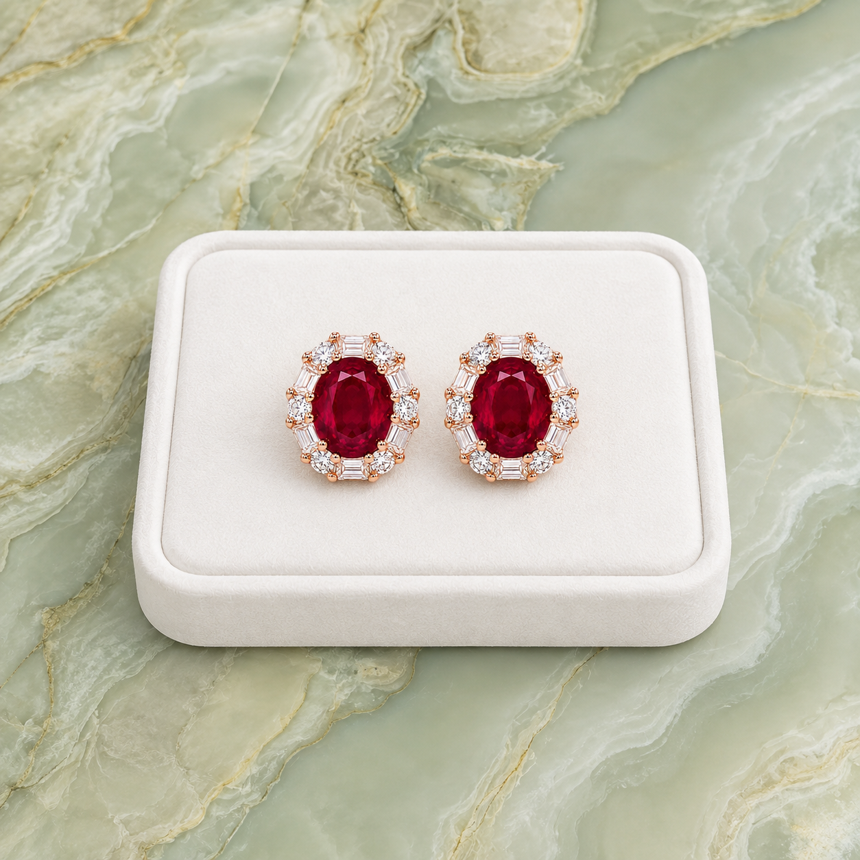 Natural oval ruby earrings displayed on a white jewelry tray over green marble