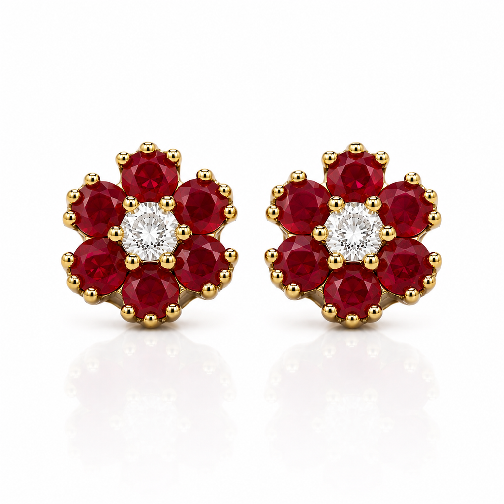 Natural ruby flower stud earrings with 2.5mm round rubies and cubic zirconia centers in gold plated sterling silver