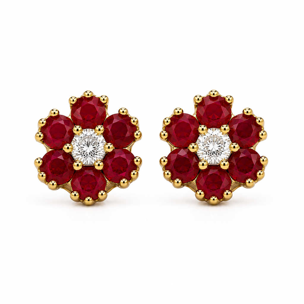 Top view of natural ruby flower earrings with six round ruby petals and sparkling CZ centers