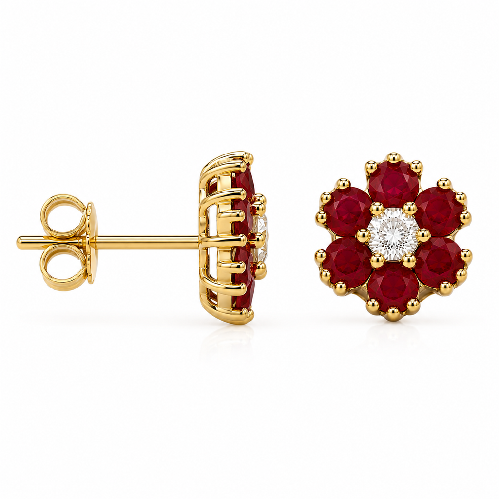 Side profile of natural ruby floral stud earrings in gold plated 925 sterling silver