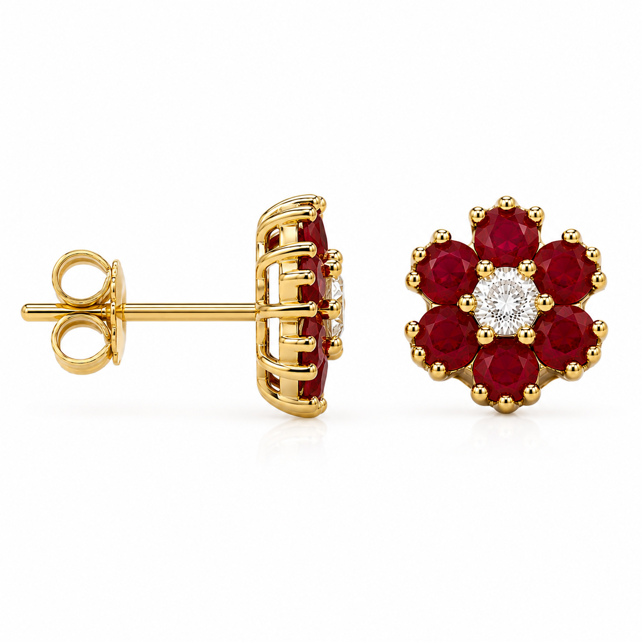 Side profile of natural ruby floral stud earrings in gold plated 925 sterling silver