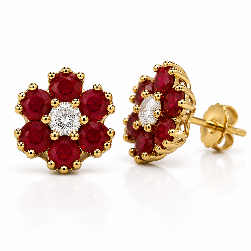 Macro close-up of natural 2.5mm ruby gemstones and cubic zirconia center stones in floral earrings