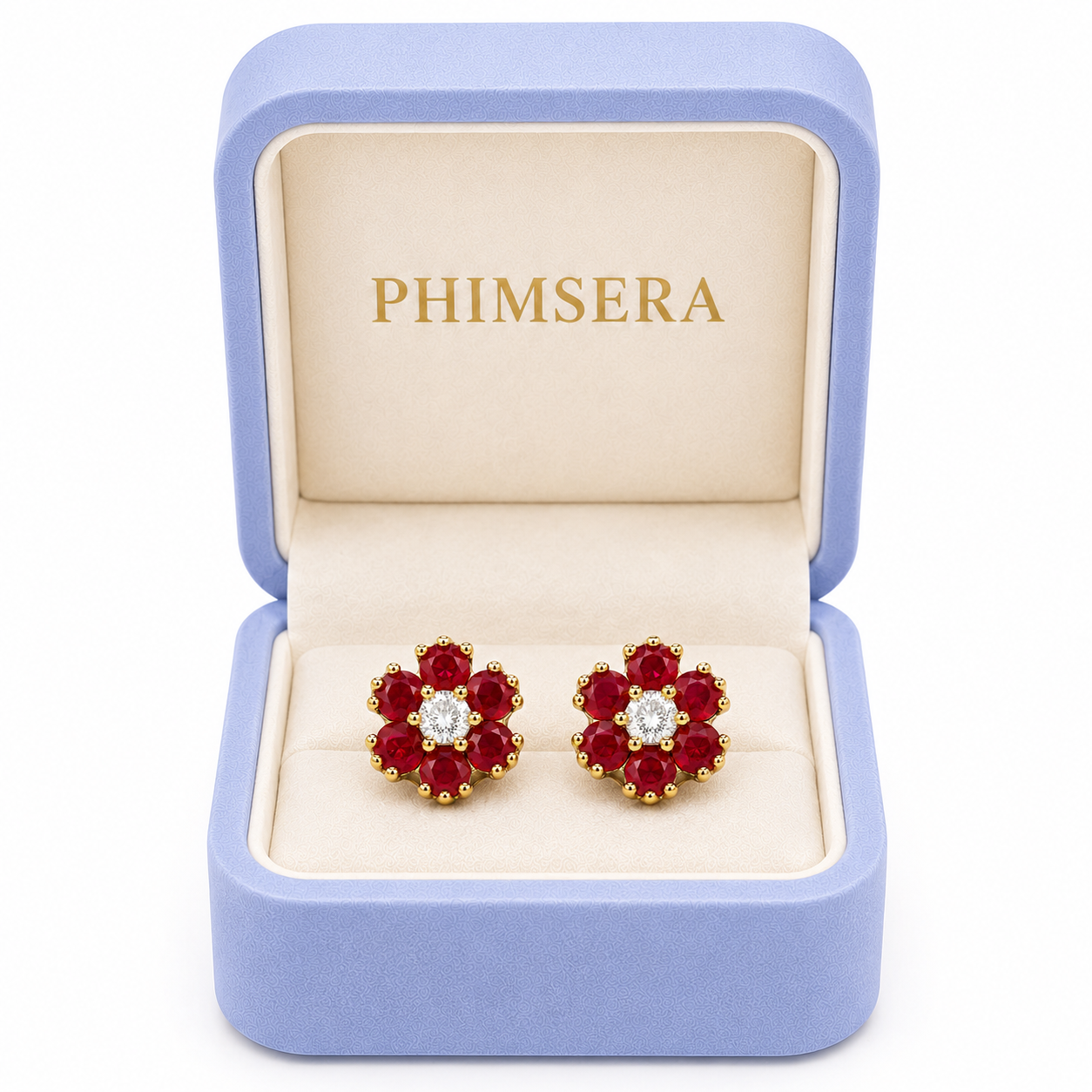 Natural ruby flower stud earrings displayed inside a Phimsera jewelry gift box