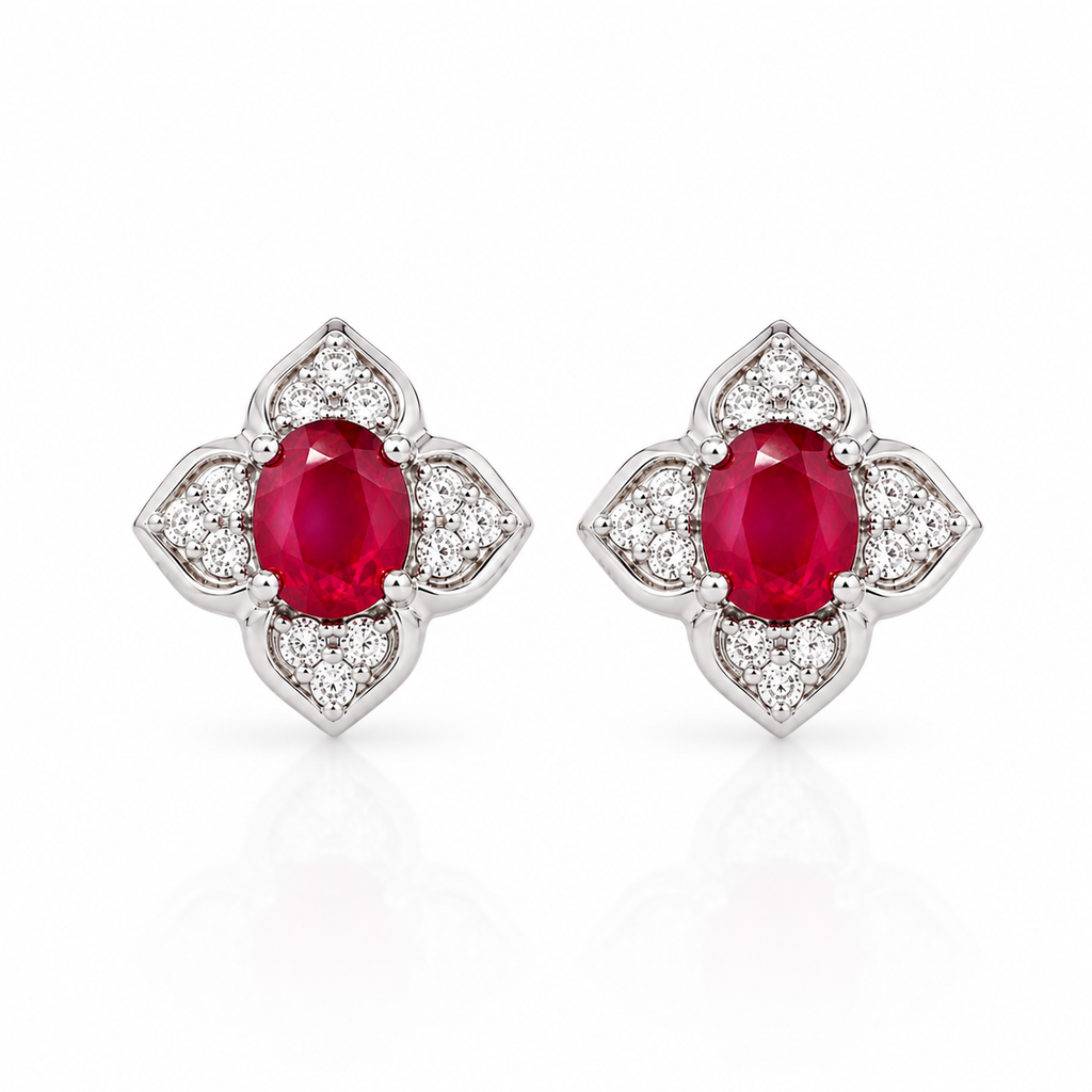 Natural 4x5mm oval ruby floral stud earrings with CZ accents in 925 sterling silver front view