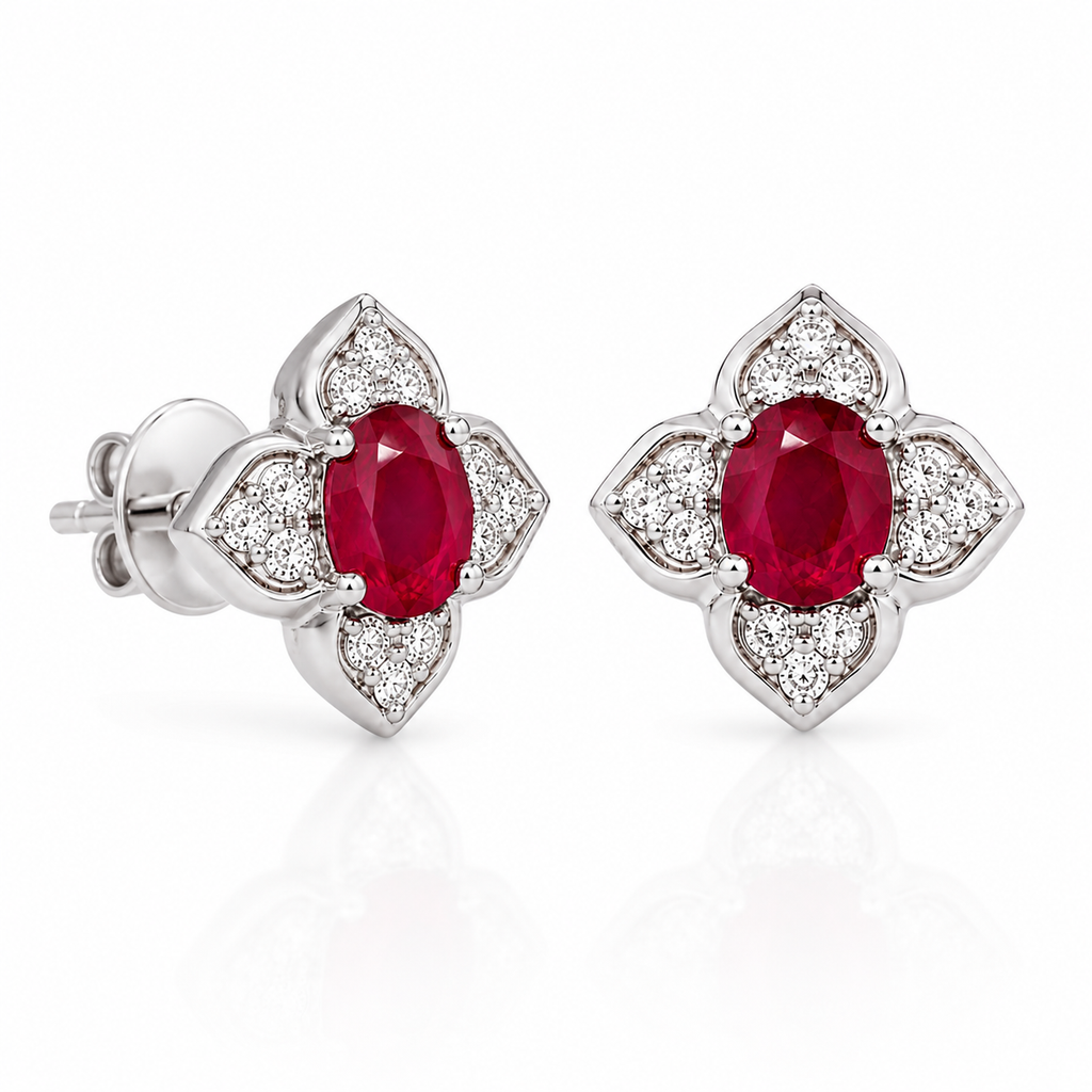 Natural ruby 4x5mm gemstone floral stud earrings shown at a 45 degree angle