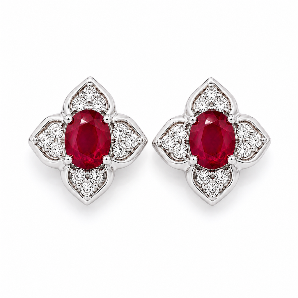 Oval natural ruby and CZ floral stud earrings shown from a top-down view
