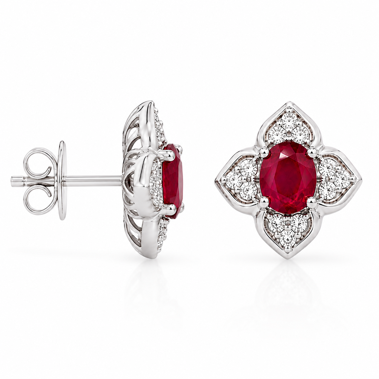 Natural 4x5mm ruby stud earrings side profile showing sterling silver floral setting