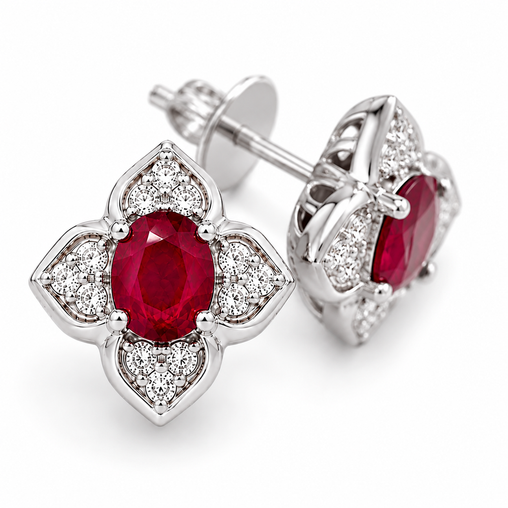 Macro close-up of natural oval ruby gemstones and sparkling CZ floral accents