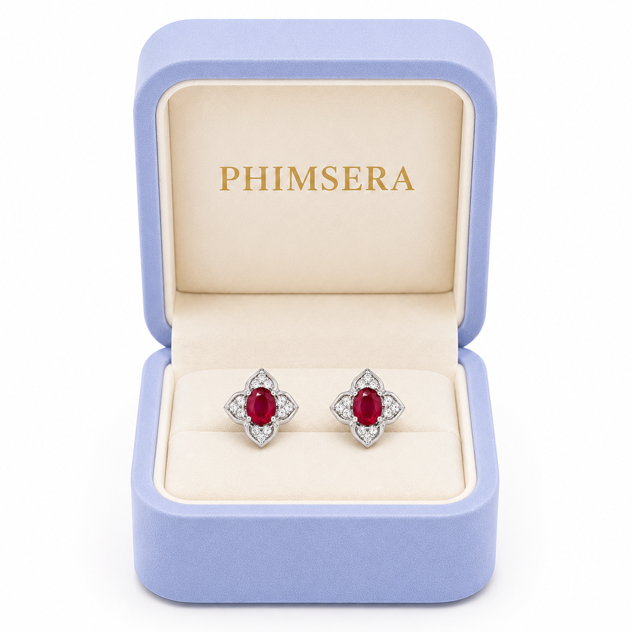 Natural 4x5mm ruby floral stud earrings presented in Phimsera jewelry gift box