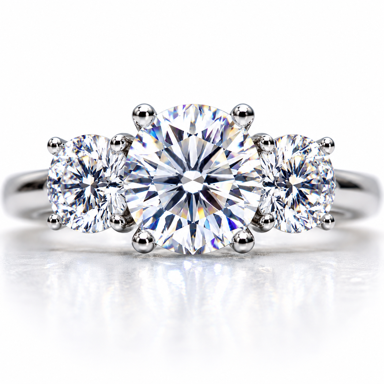 2 Carat Three Stone White Moissanite Ring – 1 Carat Center VVS1 Sterling Silver Engagement Ring