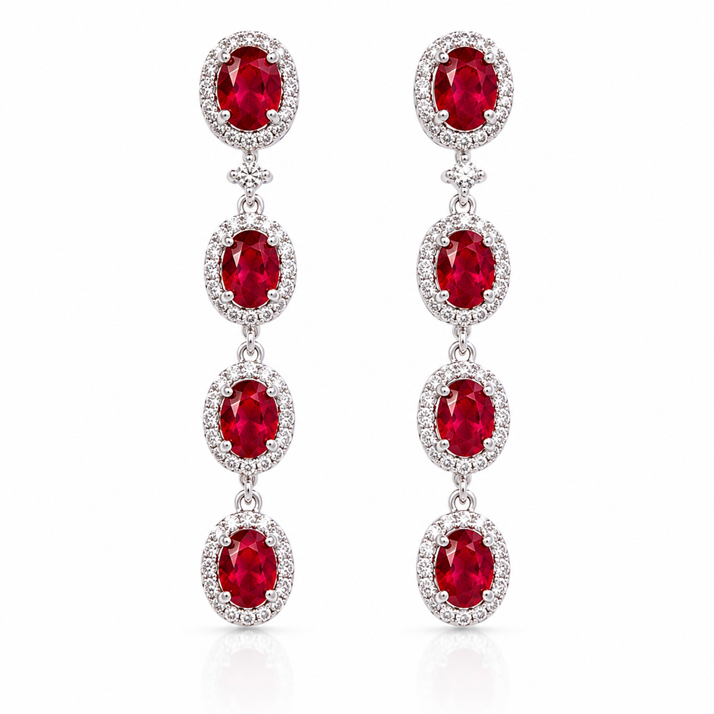 Oval ruby cascading drop earrings crafted in 925 sterling silver