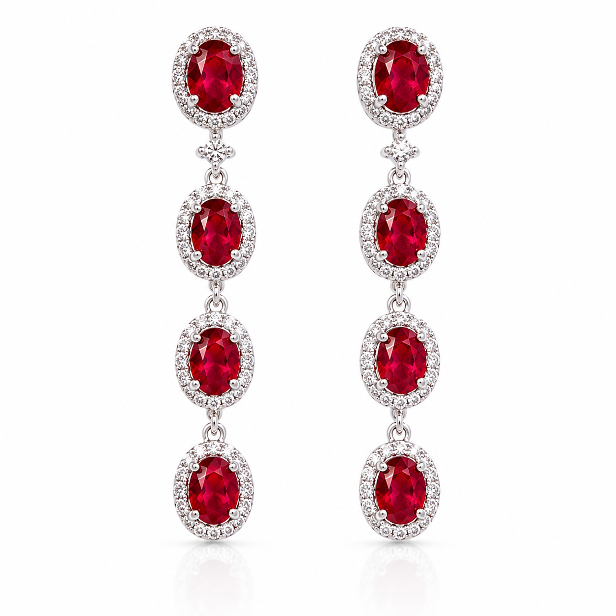 Oval ruby cascading drop earrings crafted in 925 sterling silver
