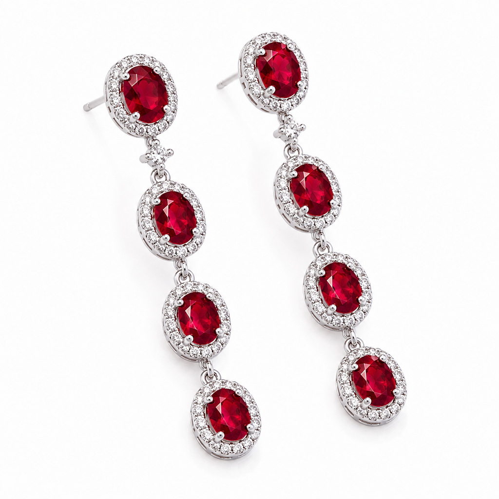 3x4mm natural ruby dangle earrings with sparkling cubic zirconia halo settings