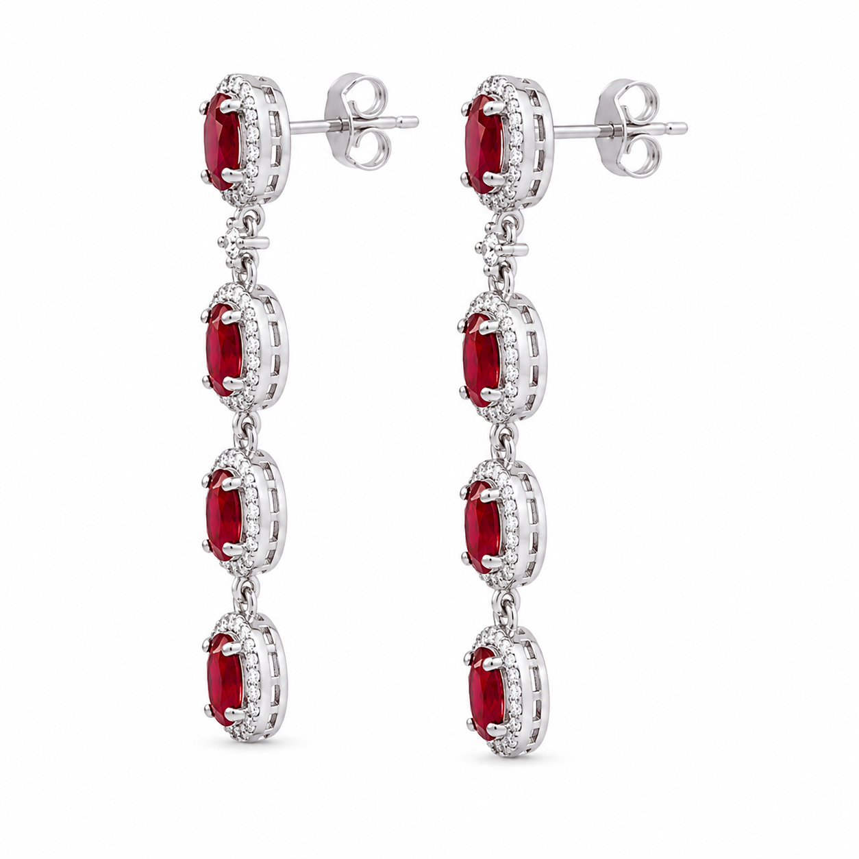 Side view of natural ruby and CZ halo drop earrings in sterling silver