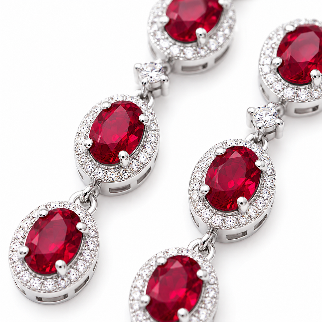 Macro view of 3x4mm natural ruby gemstones and sparkling CZ halo earrings