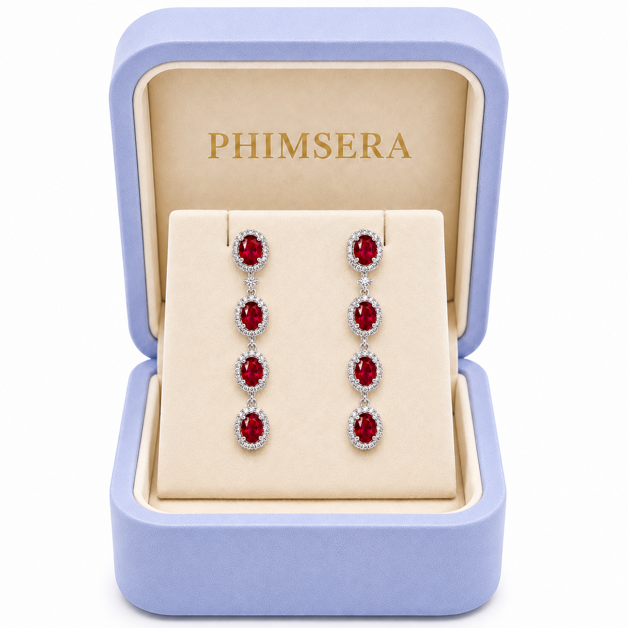 Natural ruby drop earrings displayed in Phimsera jewelry gift box