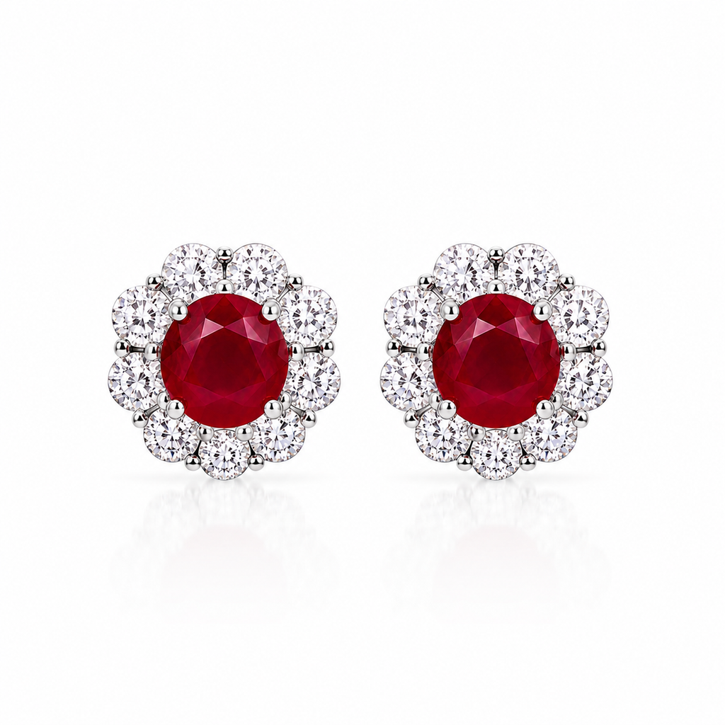 Natural 4mm round ruby halo stud earrings with cubic zirconia in 925 sterling silver