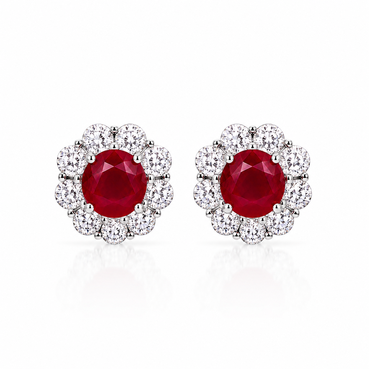 Natural 4mm round ruby halo stud earrings with cubic zirconia in 925 sterling silver