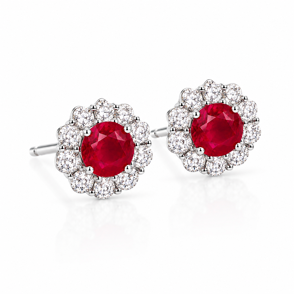 Natural ruby 4mm stud earrings with sparkling CZ floral halo angled view