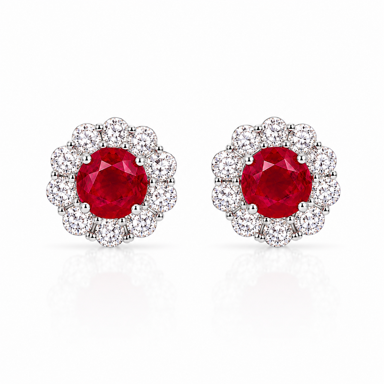 Round natural ruby halo stud earrings 4mm with cubic zirconia cluster setting