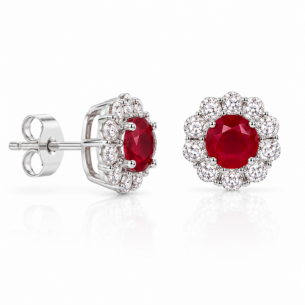 Natural ruby and cubic zirconia stud earrings in 925 sterling silver side profile