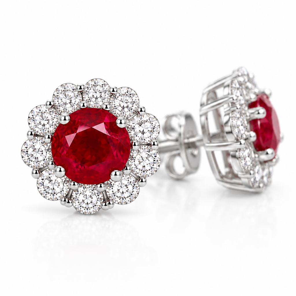 Macro close-up of natural 4mm ruby gemstones and brilliant cubic zirconia halo earrings
