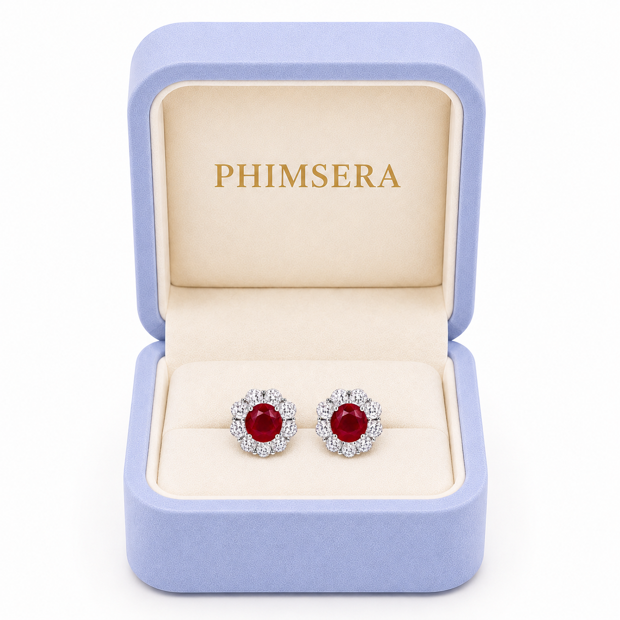 Natural 4mm ruby halo stud earrings displayed in Phimsera jewelry gift box