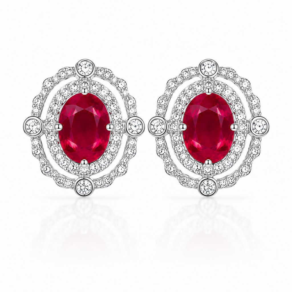 Natural ruby earrings with 6x8mm oval 1.5 carat rubies and sparkling CZ accents in sterling silver
