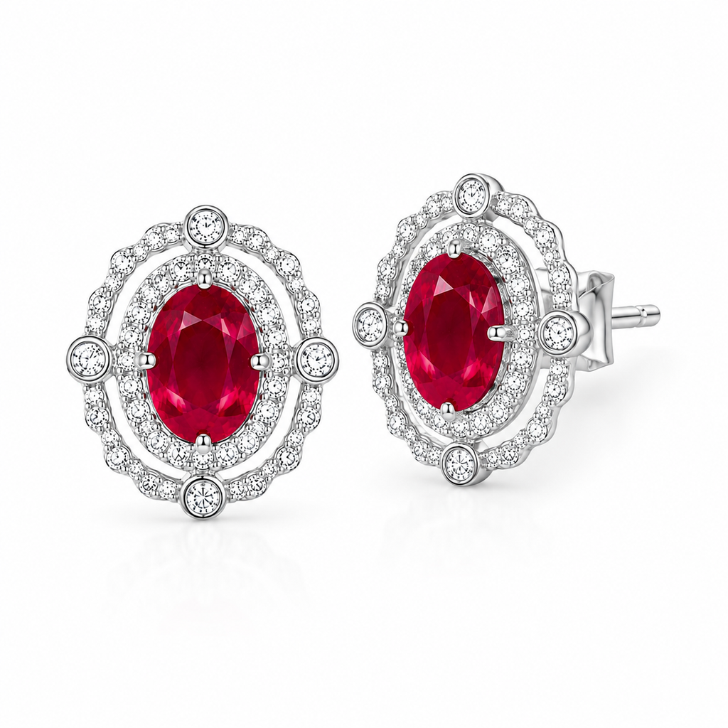 3 CTW natural ruby stud earrings with oval red gemstones in ornate sterling silver halo settings