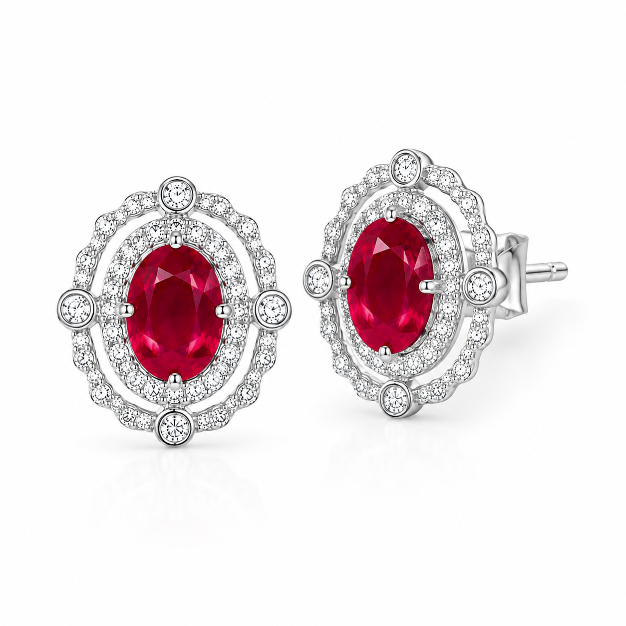 3 CTW natural ruby stud earrings with oval red gemstones in ornate sterling silver halo settings