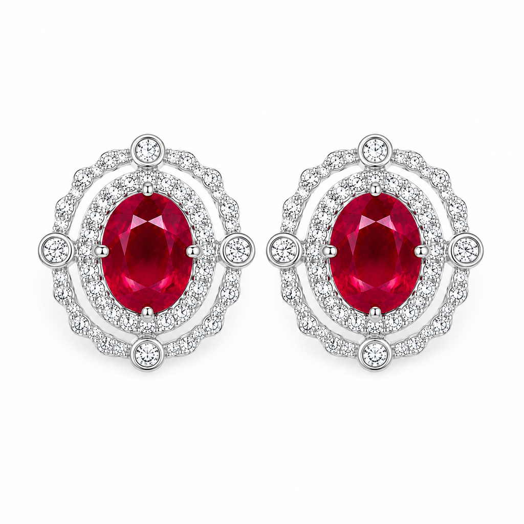 Top view of natural 6x8mm oval ruby earrings with cubic zirconia double halo design