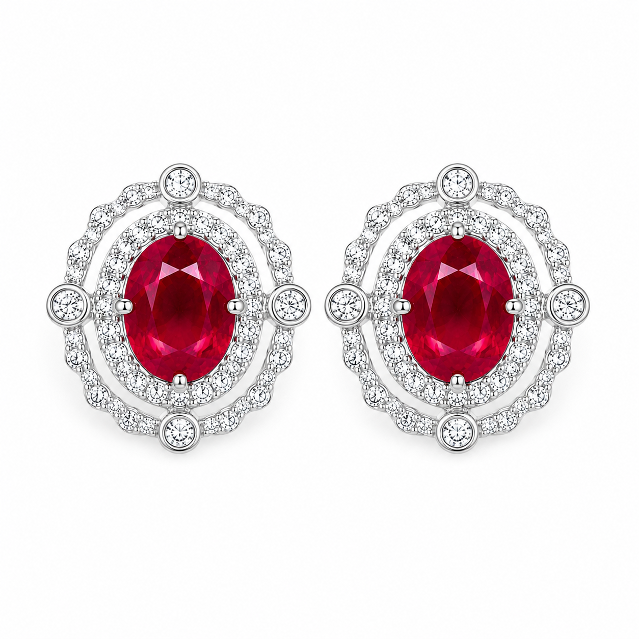 Top view of natural 6x8mm oval ruby earrings with cubic zirconia double halo design