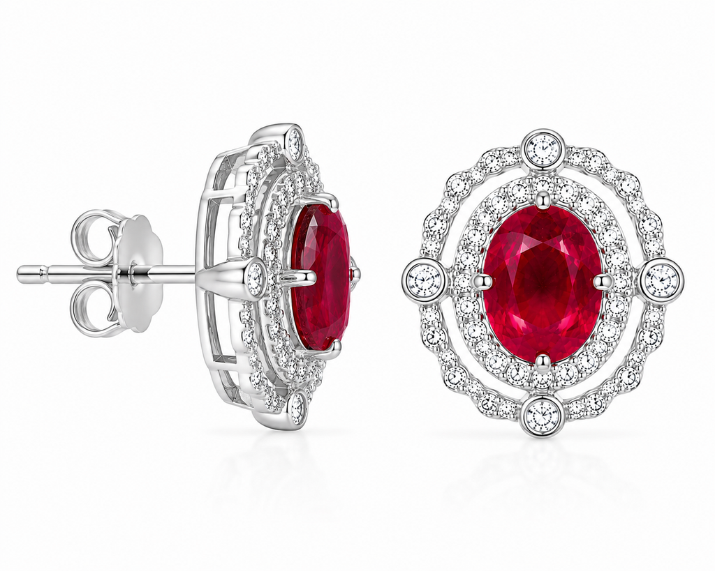 Side view of 1.5 carat natural ruby stud earrings showing sterling silver setting and gemstone profile