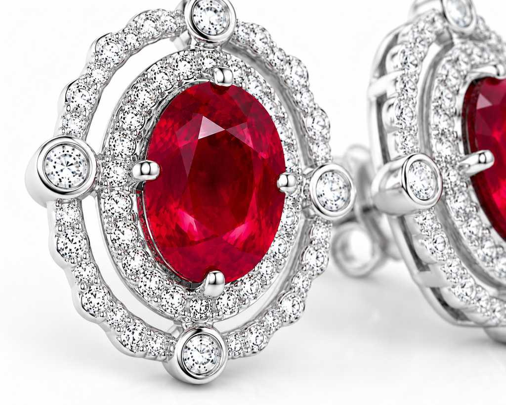 Macro close-up of natural ruby earrings showing vivid red 6x8mm oval gemstones and sparkling CZ accents